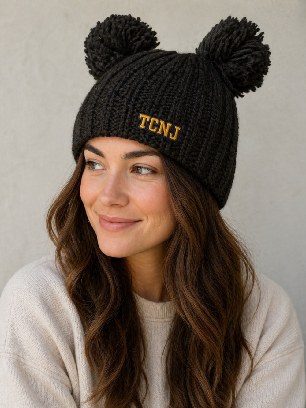 Black Double Pom Pom Knit Beanie TCNJ NWT